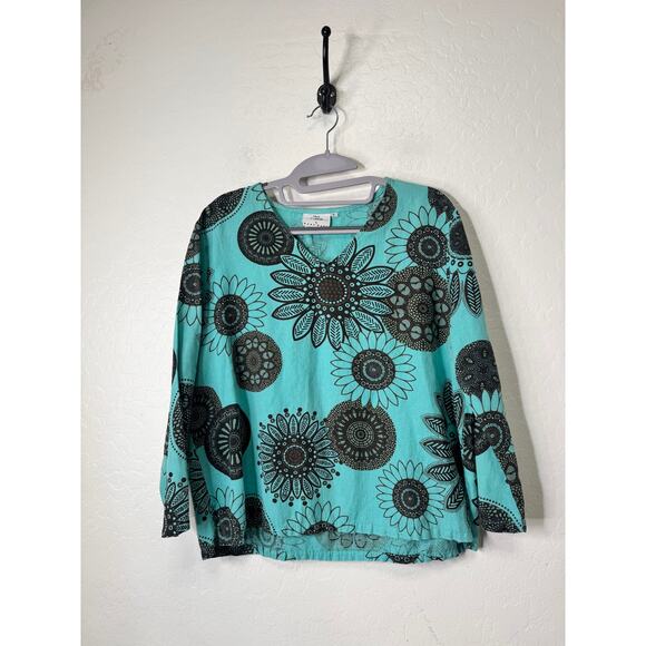 Hot Cotton Teal Flower Print Linen 3/4 Sleeve Pullover Tunic Size Large - Picture 1 of 4